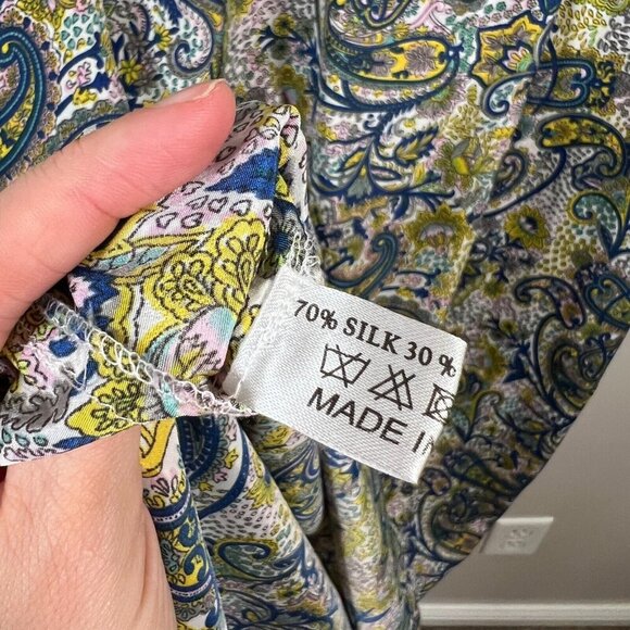Dolma Silk Blend Shift Dress One Size Paisley Blue Yellow Boho Artsy Art to Wear - Picture 8 of 9